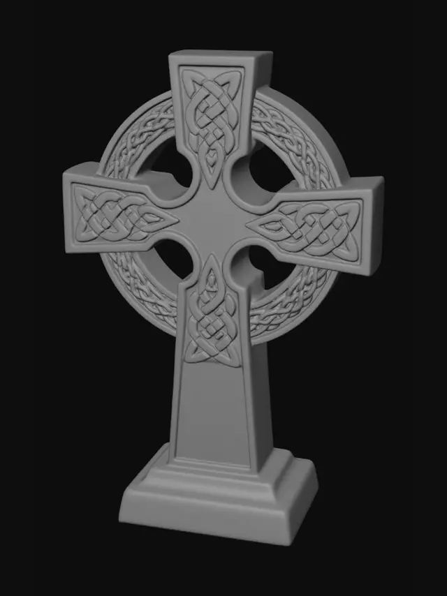 3D model for A celtic cross, cast from aged bronze with a subtly darkened patina. Its surface prominently features a raised Celtic cross, intricately detailed with interwoven knotwork that gives a tactile, textured feel. The bronze exhibits a warm, antique luster, highlighting the precise structure of the cross's arms and ring. The overall form is solid and well-balanced, indicating both decorative artistry and functional strength.