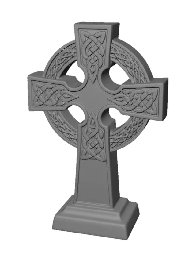 3D model for A celtic cross, cast from aged bronze with a subtly darkened patina. Its surface prominently features a raised Celtic cross, intricately detailed with interwoven knotwork that gives a tactile, textured feel. The bronze exhibits a warm, antique luster, highlighting the precise structure of the cross's arms and ring. The overall form is solid and well-balanced, indicating both decorative artistry and functional strength.