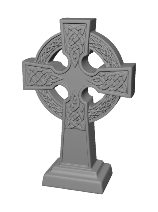 3D model for A celtic cross, cast from aged bronze with a subtly darkened patina. Its surface prominently features a raised Celtic cross, intricately detailed with interwoven knotwork that gives a tactile, textured feel. The bronze exhibits a warm, antique luster, highlighting the precise structure of the cross's arms and ring. The overall form is solid and well-balanced, indicating both decorative artistry and functional strength.