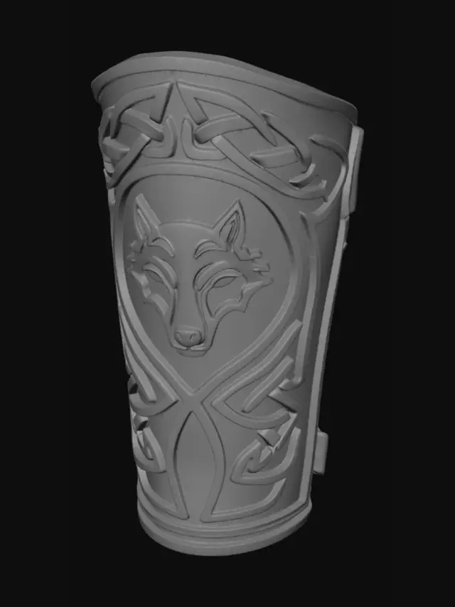 3D model for A pair of ornate Celtic wolf vambraces, forged from aged, burnished bronze. Each guard is intricately cast. The main body is deeply engraved with complex Celtic knotwork, creating a raised, tactile texture. The bronze displays a rich, earthy luster, forming a robust, protective structure designed to encase the forearm. The vambraces blend celtic and sci-fi