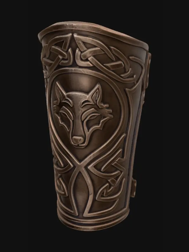 3D model for A pair of ornate Celtic wolf vambraces, forged from aged, burnished bronze. Each guard is intricately cast. The main body is deeply engraved with complex Celtic knotwork, creating a raised, tactile texture. The bronze displays a rich, earthy luster, forming a robust, protective structure designed to encase the forearm. The vambraces blend celtic and sci-fi