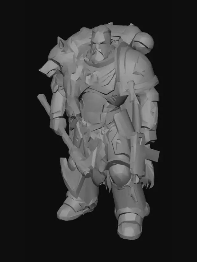 3D model for A towering Space Wolf Space Marine stands ready for battle. His weathered grey-blue power armor is adorned with a rugged wolf pelt draped over one shoulder, its fur textured and realistic. Intricate golden trim and runic engravings enrich the armor's smooth, sturdy surface. His helmet features snarling canine features, and he grips a heavy chainsword, its jagged teeth gleaming with a metallic sheen.