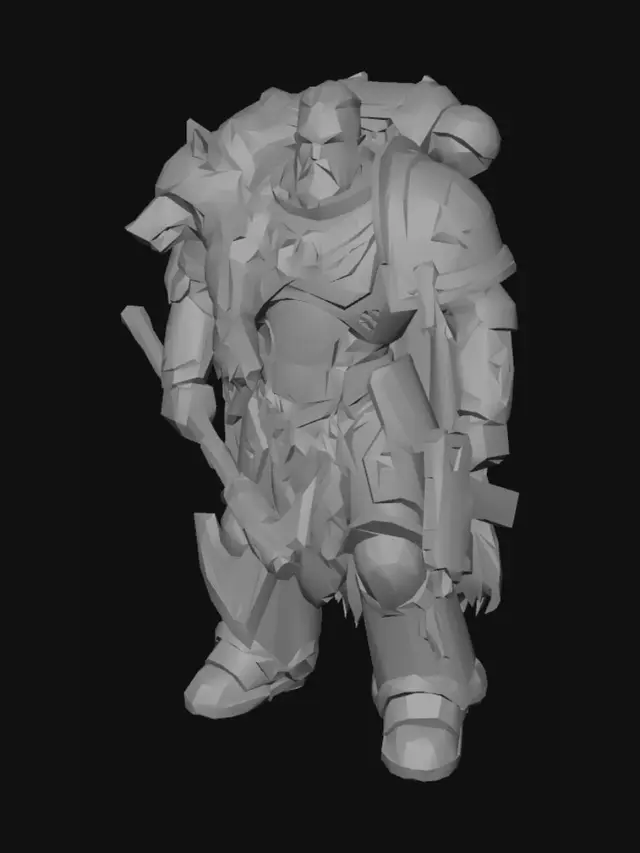 3D model for A towering Space Wolf Space Marine stands ready for battle. His weathered grey-blue power armor is adorned with a rugged wolf pelt draped over one shoulder, its fur textured and realistic. Intricate golden trim and runic engravings enrich the armor's smooth, sturdy surface. His helmet features snarling canine features, and he grips a heavy chainsword, its jagged teeth gleaming with a metallic sheen.