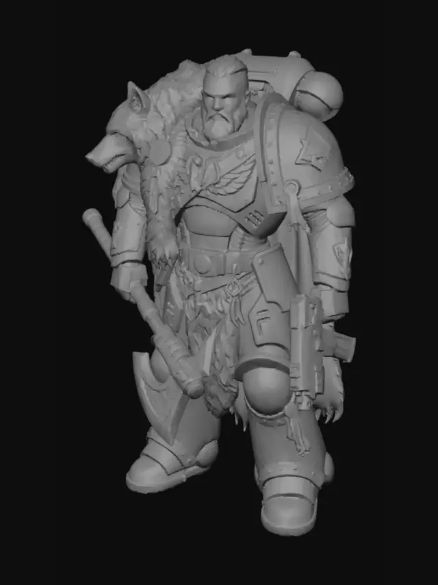 3D model for A towering Space Wolf Space Marine stands ready for battle. His weathered grey-blue power armor is adorned with a rugged wolf pelt draped over one shoulder, its fur textured and realistic. Intricate golden trim and runic engravings enrich the armor's smooth, sturdy surface. His helmet features snarling canine features, and he grips a heavy chainsword, its jagged teeth gleaming with a metallic sheen.
