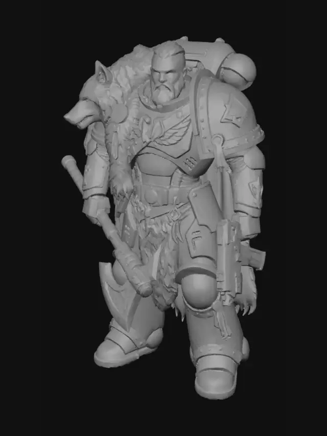 3D model for A towering Space Wolf Space Marine stands ready for battle. His weathered grey-blue power armor is adorned with a rugged wolf pelt draped over one shoulder, its fur textured and realistic. Intricate golden trim and runic engravings enrich the armor's smooth, sturdy surface. His helmet features snarling canine features, and he grips a heavy chainsword, its jagged teeth gleaming with a metallic sheen.