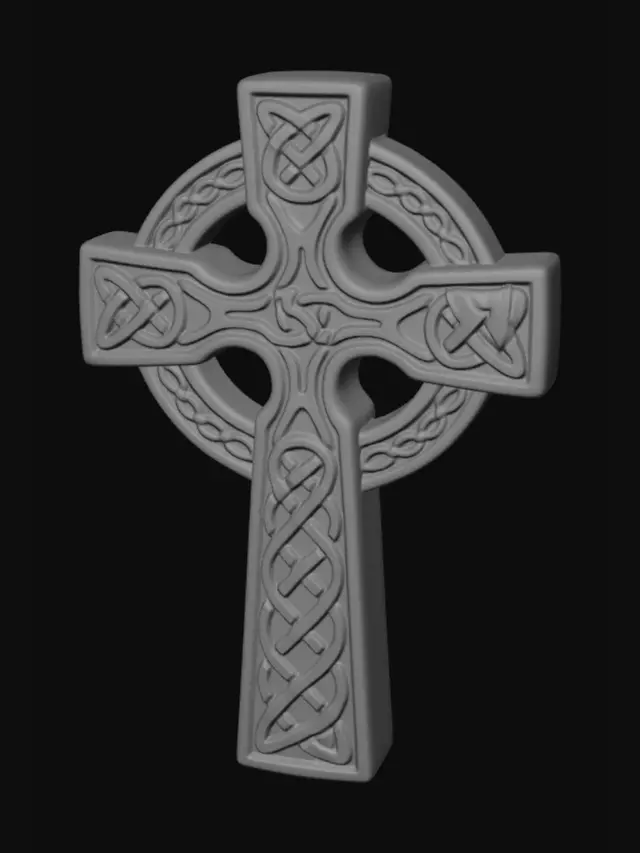 3D model for A celtic cross, cast from aged bronze with a subtly darkened patina. Its surface prominently features a raised Celtic cross, intricately detailed with interwoven knotwork that gives a tactile, textured feel. The bronze exhibits a warm, antique luster, highlighting the precise structure of the cross's arms and ring. The overall form is solid and well-balanced, indicating both decorative artistry and functional strength.