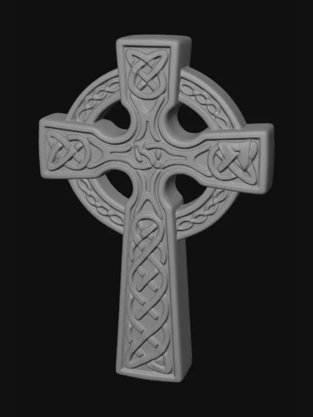 3D model for A celtic cross, cast from aged bronze with a subtly darkened patina. Its surface prominently features a raised Celtic cross, intricately detailed with interwoven knotwork that gives a tactile, textured feel. The bronze exhibits a warm, antique luster, highlighting the precise structure of the cross's arms and ring. The overall form is solid and well-balanced, indicating both decorative artistry and functional strength.