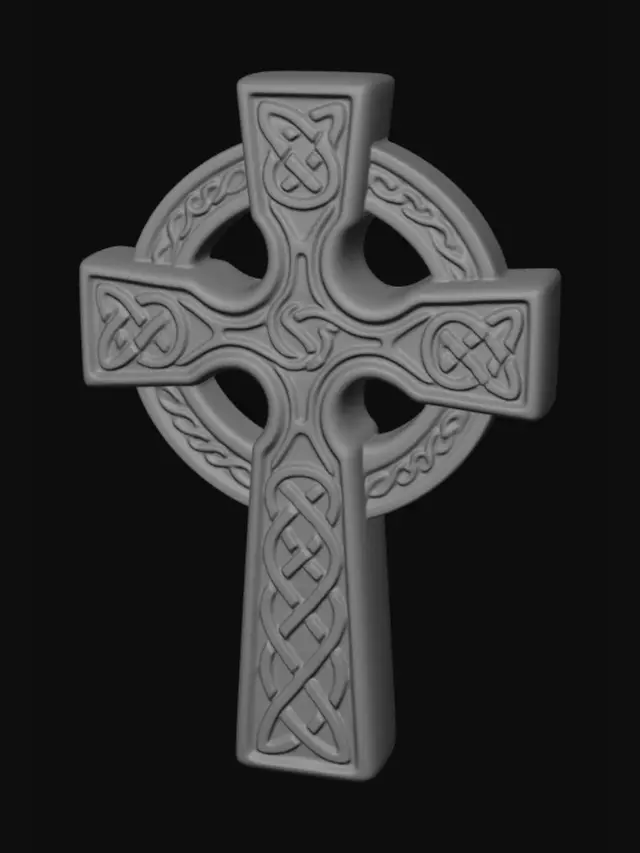 3D model for A celtic cross, cast from aged bronze with a subtly darkened patina. Its surface prominently features a raised Celtic cross, intricately detailed with interwoven knotwork that gives a tactile, textured feel. The bronze exhibits a warm, antique luster, highlighting the precise structure of the cross's arms and ring. The overall form is solid and well-balanced, indicating both decorative artistry and functional strength.