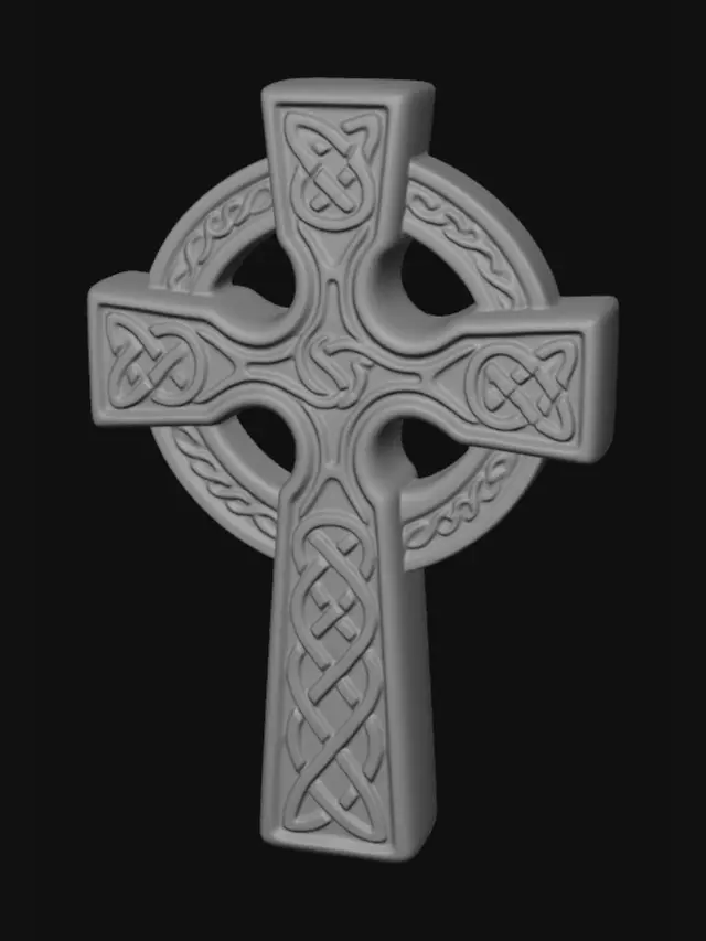 3D model for A celtic cross, cast from aged bronze with a subtly darkened patina. Its surface prominently features a raised Celtic cross, intricately detailed with interwoven knotwork that gives a tactile, textured feel. The bronze exhibits a warm, antique luster, highlighting the precise structure of the cross's arms and ring. The overall form is solid and well-balanced, indicating both decorative artistry and functional strength.