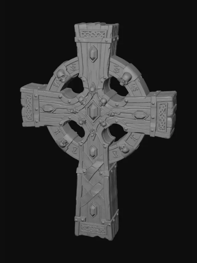 3D model for A celtic cross, cast from aged bronze with a subtly darkened patina. Its surface prominently features a raised Celtic cross, intricately detailed with interwoven knotwork that gives a tactile, textured feel. The bronze exhibits a warm, antique luster, highlighting the precise structure of the cross's arms and ring. The overall form is solid and well-balanced, indicating both decorative artistry and functional strength.