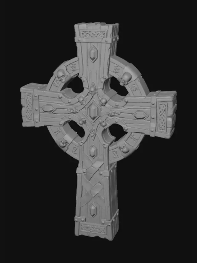 3D model for A celtic cross, cast from aged bronze with a subtly darkened patina. Its surface prominently features a raised Celtic cross, intricately detailed with interwoven knotwork that gives a tactile, textured feel. The bronze exhibits a warm, antique luster, highlighting the precise structure of the cross's arms and ring. The overall form is solid and well-balanced, indicating both decorative artistry and functional strength.