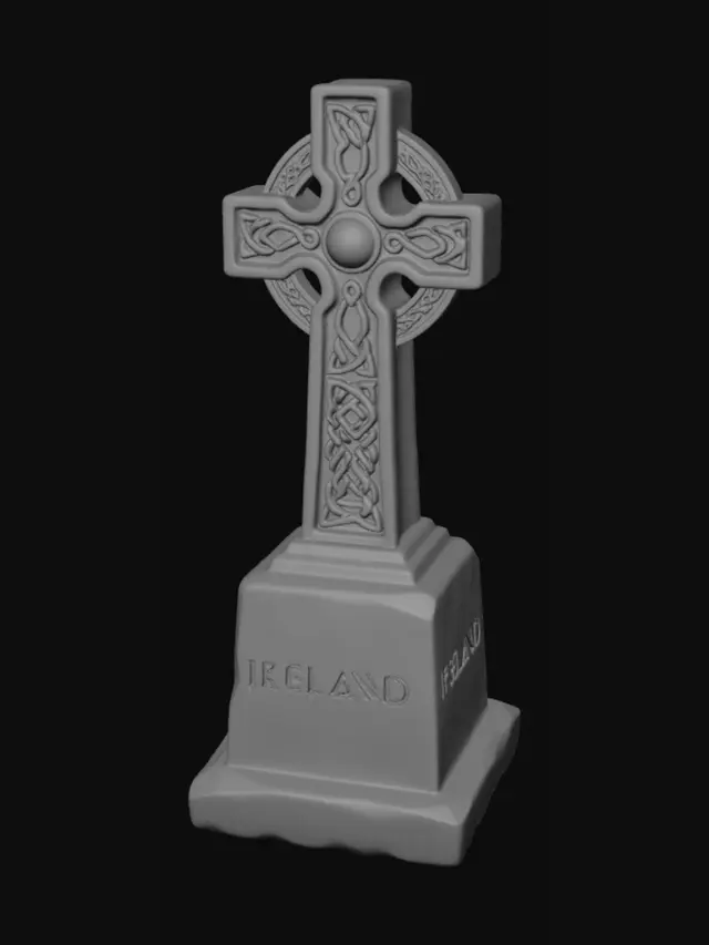 3D model for A stone celtic cross tombstone with "IRELAND" carved into the pedestal
