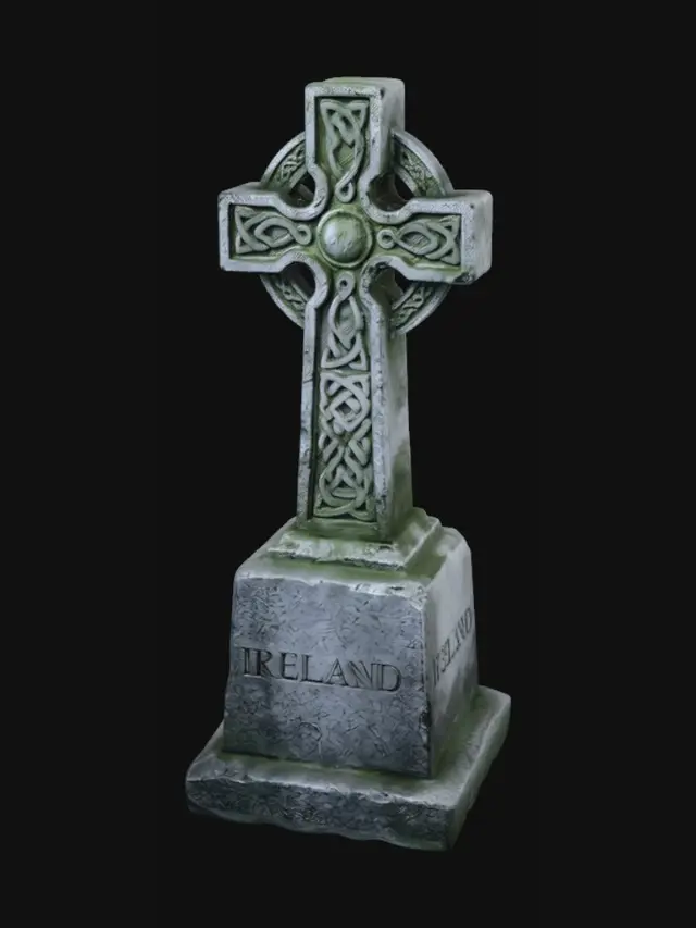 3D model for A stone celtic cross tombstone with "IRELAND" carved into the pedestal