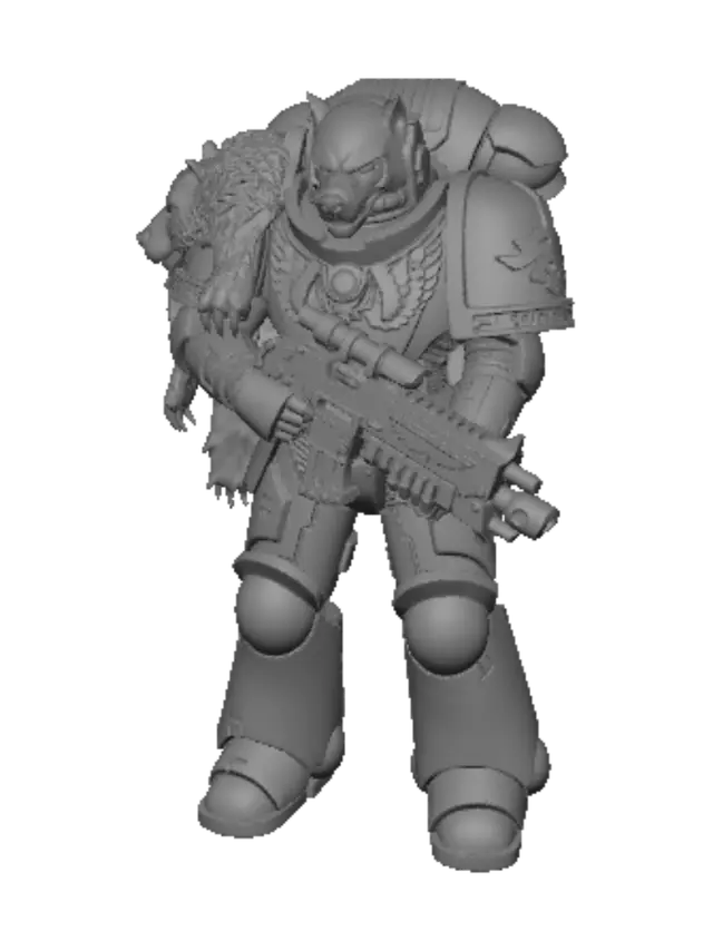 3D model for A towering Space Wolf Intercessor Space Marine stands in a resolute, battle-ready stance. His bulky, grey-blue ceramite power armor is adorned with a shaggy, matted wolf pelt draped over one shoulder, contrasting with the armor's smooth, hard surface. Intricate golden runes and wolf-fang details are etched into the pauldrons. His helmet features a snarling canine visage with piercing red ocular lenses, exuding a cold, formidable, and heavily armed presence.