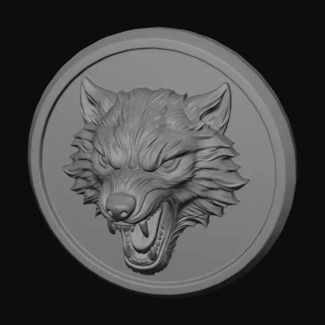 3D model for a solid, medallion sword pommel, crafted from polished, dark steel. Both sides feature a deeply engraved, demonic snarling wolf, its intricate details giving a tactile, textured feel. The wolf's fur, fangs, and eyes are sharply defined within the metal, which exhibits a cool, metallic sheen. The pommel has a weighty, balanced structure, designed for both aesthetic appeal and practical use.