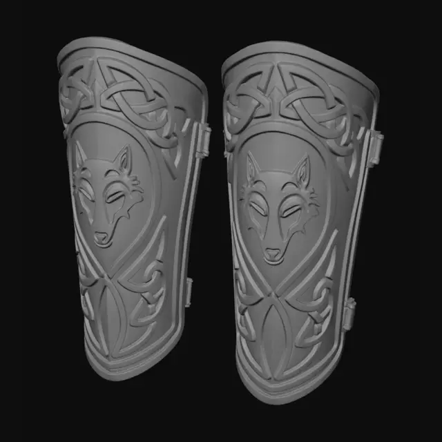 3D model for A pair of ornate Celtic wolf vambraces, forged from aged, burnished bronze. Each guard is intricately cast. The main body is deeply engraved with complex Celtic knotwork, creating a raised, tactile texture. The bronze displays a rich, earthy luster, forming a robust, protective structure designed to encase the forearm. The vambraces blend celtic and sci-fi