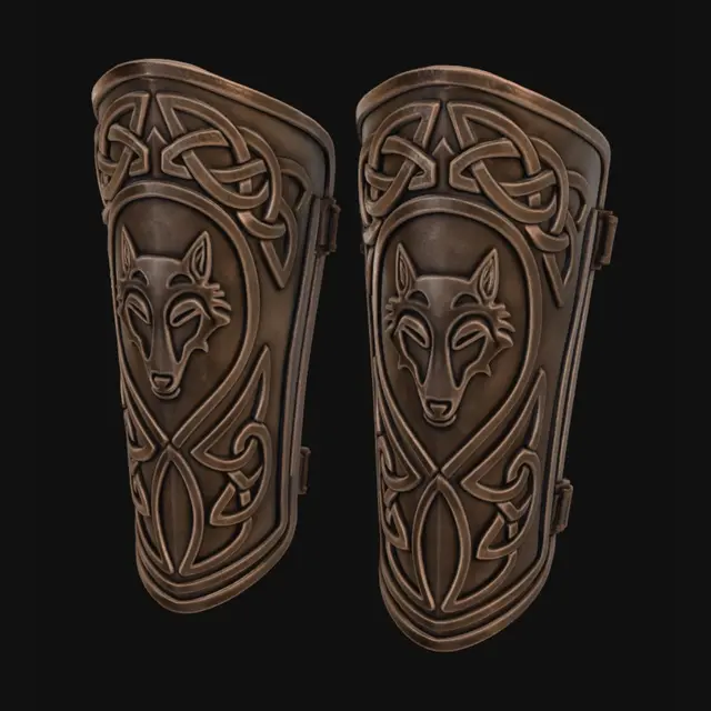 3D model for A pair of ornate Celtic wolf vambraces, forged from aged, burnished bronze. Each guard is intricately cast. The main body is deeply engraved with complex Celtic knotwork, creating a raised, tactile texture. The bronze displays a rich, earthy luster, forming a robust, protective structure designed to encase the forearm. The vambraces blend celtic and sci-fi