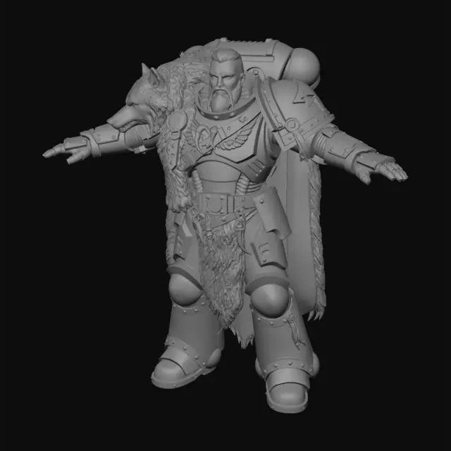 3D model for A towering Space Wolf Space Marine stands ready for battle. His weathered grey-blue power armor is adorned with a rugged wolf pelt draped over one shoulder, its fur textured and realistic. Intricate golden trim and runic engravings enrich the armor's smooth, sturdy surface. His helmet features snarling canine features, and he grips a heavy chainsword, its jagged teeth gleaming with a metallic sheen.