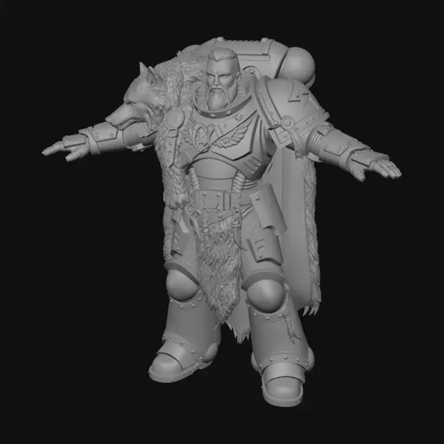 3D model for A towering Space Wolf Space Marine stands ready for battle. His weathered grey-blue power armor is adorned with a rugged wolf pelt draped over one shoulder, its fur textured and realistic. Intricate golden trim and runic engravings enrich the armor's smooth, sturdy surface. His helmet features snarling canine features, and he grips a heavy chainsword, its jagged teeth gleaming with a metallic sheen.