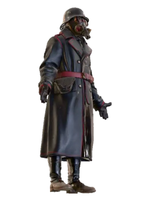 A dark fantasy World War I-era trench soldier standing in a neutral A-pose for rigging… - Ww1 3D model, vytvořený pomocí AI