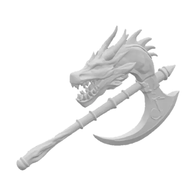 3D model for Um grande machado de duas mãos, com simbolos runicos energicos e brilhantes e em formato de uma cabeça de dragão, sinalizando um grande poder.