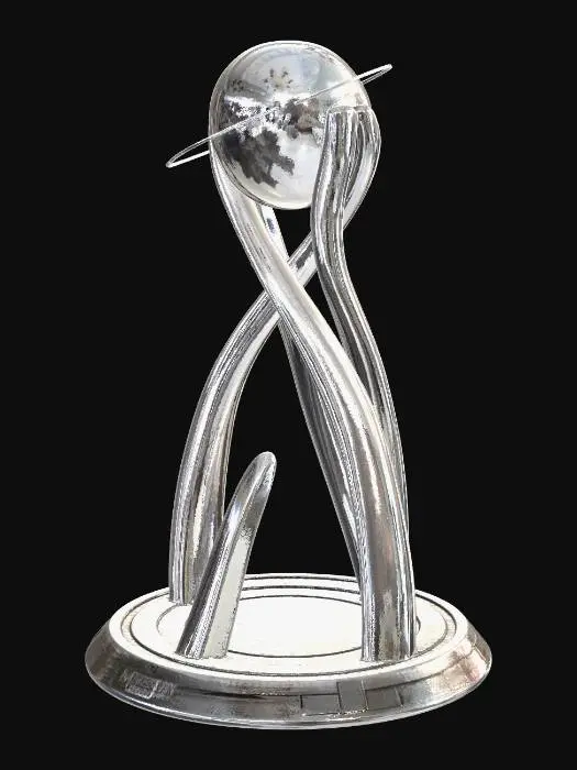 3D model for A sleek, modern monument commemorating Meshy's 3rd Anniversary. It features three interconnected, polished chrome pillars, each subtly arcing upwards and converging at a glowing, transparent crystal sphere at its apex. The smooth, cool metal surfaces reflect light sharply, while the sphere emanates a soft, pulsating blue light, signifying innovation and three years of growth.
