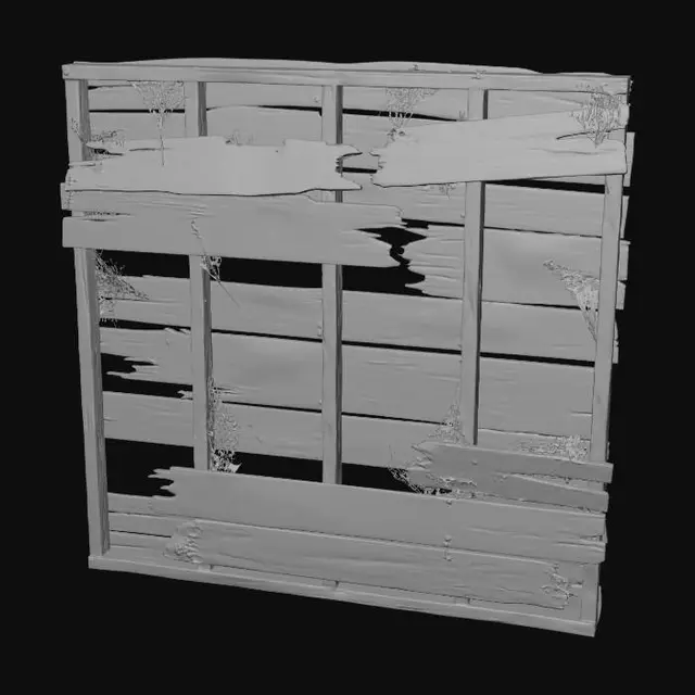 3D model for A warped and rotten wooden wall inside a haunted house, constructed from dark, splintered planks of oak. The wood is discolored with large patches of black mold and water damage, creating a rough, uneven texture. Some planks are missing or loosely hanging, exposing shadowy gaps, and the overall structure feels unstable and creaky, radiating an eerie, unsettling atmosphere.