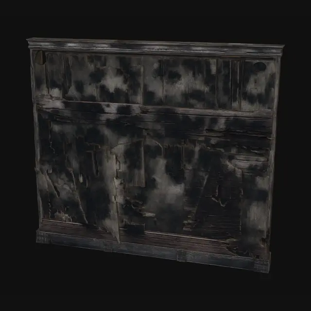 3D model for A warped and rotten wooden wall inside a haunted house, constructed from dark, splintered planks of oak. The wood is discolored with large patches of black mold and water damage, creating a rough, uneven texture. Some planks are missing or loosely hanging, exposing shadowy gaps, and the overall structure feels unstable and creaky, radiating an eerie, unsettling atmosphere.