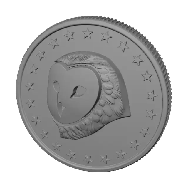 3D model for make a barn owl coin as simple logo showing heads side the heads side