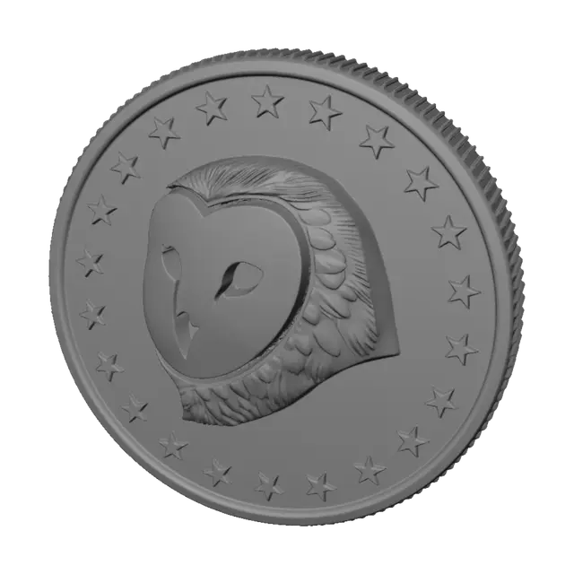 3D model for make a barn owl coin as simple logo showing heads side the heads side