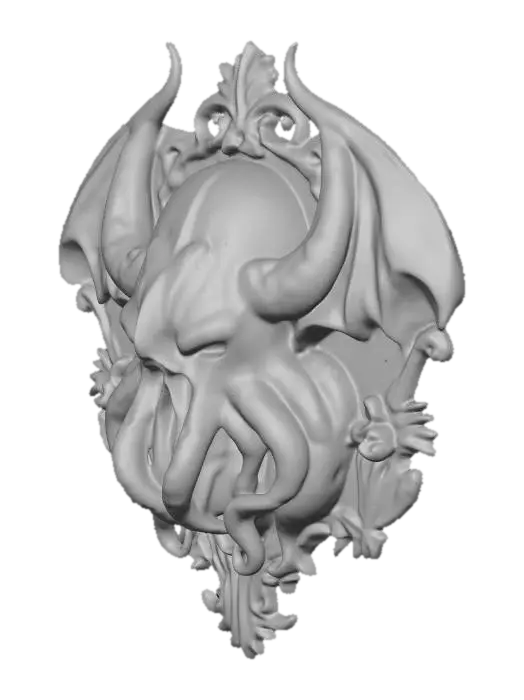 3D model for Generate a Cthulhu bust plaque. with one head and wings facing forward. Being a plaque the back would be flat. Place on a ornate plaque with the wings and tentacles protruding past the plaque