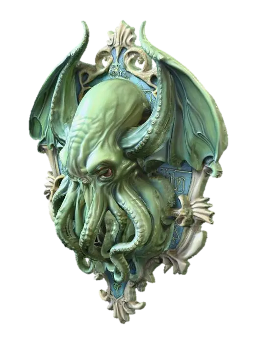 3D model for Generate a Cthulhu bust plaque. with one head and wings facing forward. Being a plaque the back would be flat. Place on a ornate plaque with the wings and tentacles protruding past the plaque