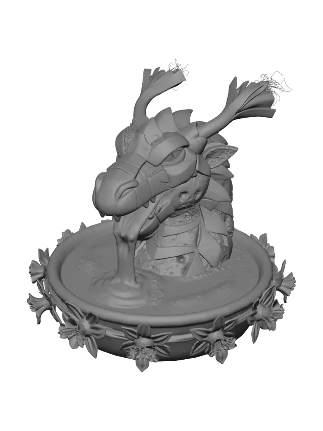 3D model for A majestic Welsh dragon head sculpted entirely from rustic bread. Golden-brown crust pieces form detailed scales, with the soft white crumb visible between them. From the dragon's open mouth flows a rich cascade of molten cheddar cheese, thick and glossy. Its horns are made from curved green leeks, naturally integrated into the design. The dragon emerges from a round terracotta ramekin filled with golden beer. A layer of creamy foam forms gentle waves around the base of the dragon, creating a dynamic scene. The rim of the ramekin is decorated with bright yellow daffodils, the national flower of Wales. Ultra-realistic food sculpture, fantasy culinary art, warm pub atmosphere, dramatic lighting, highly detailed textures, professional food photography, shallow depth of field, cinematic compos