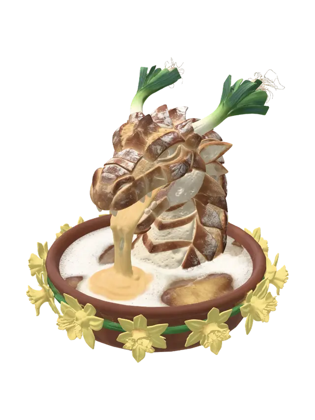 3D model for A majestic Welsh dragon head sculpted entirely from rustic bread. Golden-brown crust pieces form detailed scales, with the soft white crumb visible between them. From the dragon's open mouth flows a rich cascade of molten cheddar cheese, thick and glossy. Its horns are made from curved green leeks, naturally integrated into the design. The dragon emerges from a round terracotta ramekin filled with golden beer. A layer of creamy foam forms gentle waves around the base of the dragon, creating a dynamic scene. The rim of the ramekin is decorated with bright yellow daffodils, the national flower of Wales. Ultra-realistic food sculpture, fantasy culinary art, warm pub atmosphere, dramatic lighting, highly detailed textures, professional food photography, shallow depth of field, cinematic compos