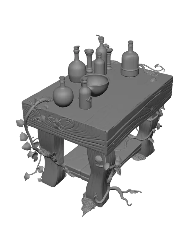 3D model for alchemist work table with a thick plank top, chunky legs, lower shelf, bottles and a stone mortar on the surface, burn marks on one corner,
stylized 3D game model, cartoon proportions, chunky bevelled forms,
single isolated object, plain flat grey background,
even studio lighting, full object visible, centered,
overgrown with thick vines and moss, roots wrapping around the base