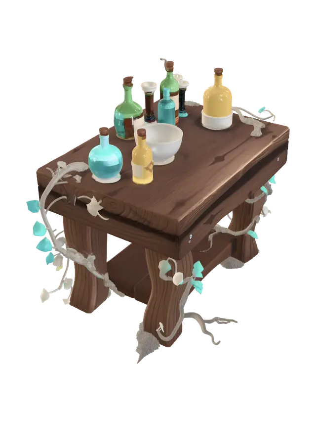 3D model for alchemist work table with a thick plank top, chunky legs, lower shelf, bottles and a stone mortar on the surface, burn marks on one corner,
stylized 3D game model, cartoon proportions, chunky bevelled forms,
single isolated object, plain flat grey background,
even studio lighting, full object visible, centered,
overgrown with thick vines and moss, roots wrapping around the base