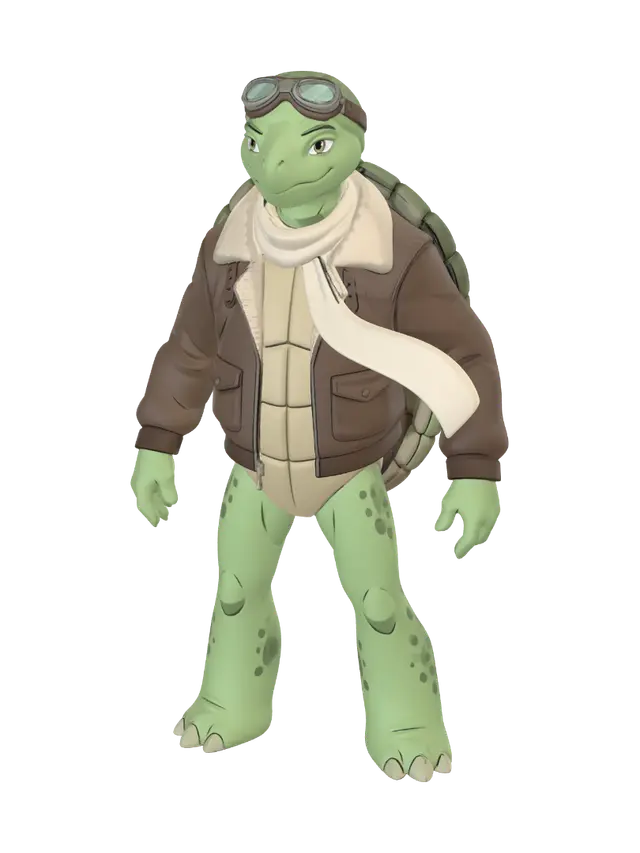 3D model for Same flat cartoon illustration art style, line art with soft shading, as the reference image. Create a 1940s-50s aviator turtle cousin character: brown leather bomber jacket, aviator goggles on head, long cream scarf, no weapon. Give him a distinct slim athletic build, taller and leaner than the detective character, a youthful smooth face, high cheekbones, bright confident eyes, charming cocky smile, adult male turtle in his 20s. Standing neutral A-pose, legs slightly apart, arms slightly away from torso for rigging, front-facing, plain white background, full body head to feet, game asset concept art, vintage aviator color palette (brown leather, cream scarf)