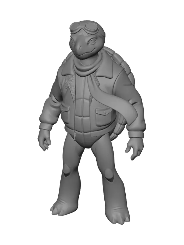 3D model for Same flat cartoon illustration art style, line art with soft shading, as the reference image. Create a 1940s-50s aviator turtle cousin character: brown leather bomber jacket, aviator goggles on head, long cream scarf, no weapon. Give him a distinct slim athletic build, taller and leaner than the detective character, a youthful smooth face, high cheekbones, bright confident eyes, charming cocky smile, adult male turtle in his 20s. Standing neutral A-pose, legs slightly apart, arms slightly away from torso for rigging, front-facing, plain white background, full body head to feet, game asset concept art, vintage aviator color palette (brown leather, cream scarf)