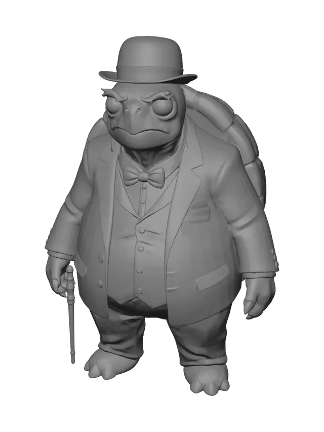 3D model for Keep the exact same character design, face, body, outfit and colors. Adjust the pose to a proper neutral A-pose for 3D rigging: standing perfectly upright facing forward, legs straight and slightly apart, both arms held slightly away from the torso at a natural angle with a visible gap between arms and body, one hand loosely holding the cane straight down beside the leg with the cane not touching or overlapping the torso, other hand open and relaxed at side, fully symmetrical front-facing stance, plain white background, full body head to feet visible