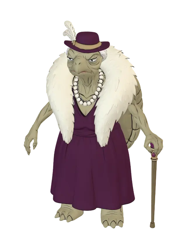 3D model for Keep the exact same character design, face, body, outfit and colors. Adjust the pose to a neutral A-pose suitable for 3D rigging: standing facing forward (slightly hunched posture is fine to keep her elderly character), legs straight and slightly apart, both arms held slightly away from the torso at a natural angle with a visible gap between arms and body, one hand loosely holding the cane straight down beside the leg with the cane not touching or overlapping the torso, other hand open and relaxed at side, fully symmetrical front-facing stance, plain white background, full body head to feet visible