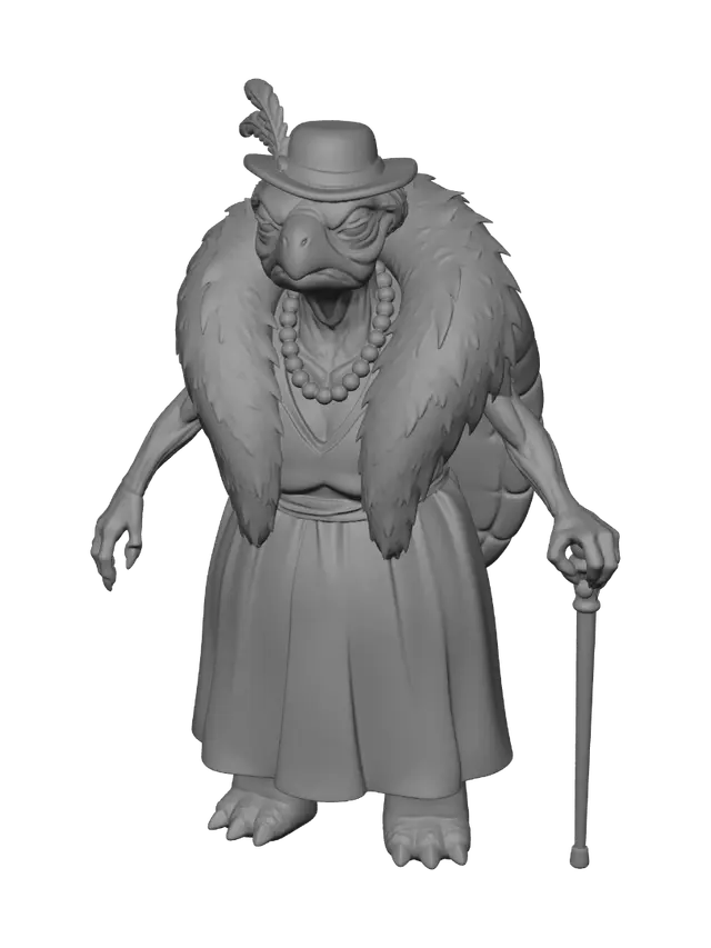 3D model for Keep the exact same character design, face, body, outfit and colors. Adjust the pose to a neutral A-pose suitable for 3D rigging: standing facing forward (slightly hunched posture is fine to keep her elderly character), legs straight and slightly apart, both arms held slightly away from the torso at a natural angle with a visible gap between arms and body, one hand loosely holding the cane straight down beside the leg with the cane not touching or overlapping the torso, other hand open and relaxed at side, fully symmetrical front-facing stance, plain white background, full body head to feet visible
