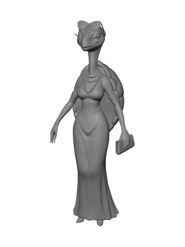 3D model for Keep the exact same character design, face, body, outfit and colors. Adjust the pose to a proper neutral A-pose for 3D rigging: standing perfectly upright facing forward (not turned to the side), legs straight and slightly apart, both arms held slightly away from the torso at a natural angle with a visible gap between arms and body, one hand holding the small clutch purse down beside the leg not overlapping torso, other hand open and relaxed at side, fully symmetrical front-facing stance, plain white background, full body head to feet visible
