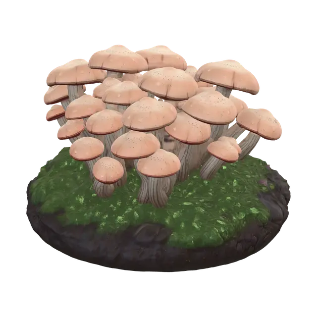 cluster of small mushrooms of varying heights, fat rounded caps, thick short stems,… 3D model, vytvořený pomocí AI