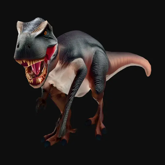 3D model for Create a highly detailed and realistic 3D Tyrannosaurus Rex with an imposing and defiant presence. The T-Rex should have its mouth wide open as if roaring aggressively, showing large sharp teeth with realistic texture and saliva details. Its posture should feel powerful and intimidating, with slightly bent knees and its clawed feet pressing hard into the ground, as if the weight and force of the creature are almost sinking its claws into the earth.
The dinosaur’s skin should be predominantly dark earthy brown with subtle black gradients and markings running along the spine and upper back, blending naturally into the scales like a part of the skin pattern. The lower jaw should stand out with a slightly lighter tone, drawing attention to the roaring mouth and facial structure.
Focus heavilon