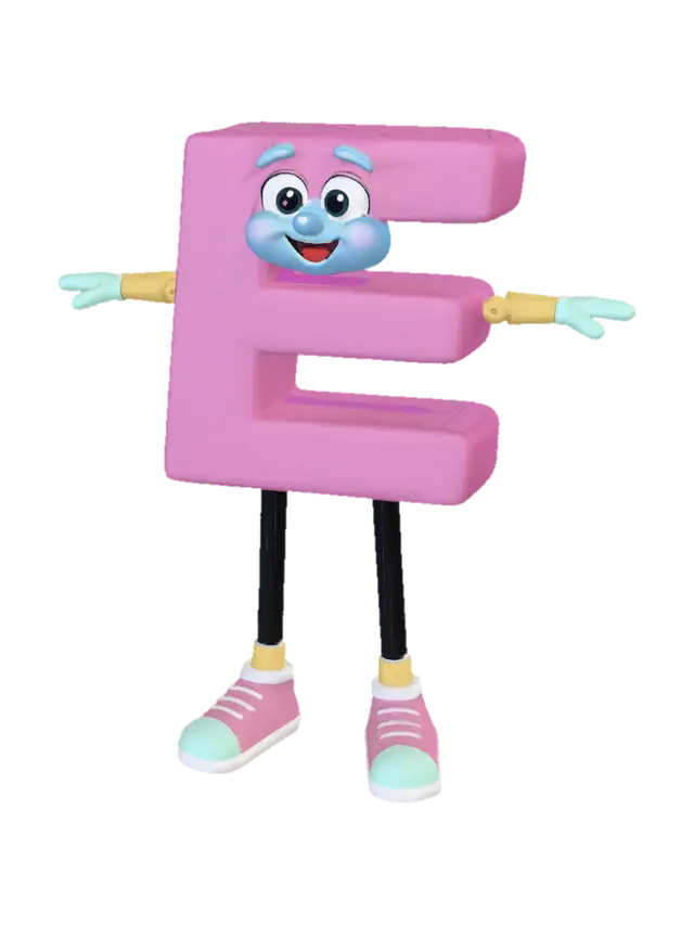 Cheerful Pink E Mascot 3D model, vytvořený pomocí AI