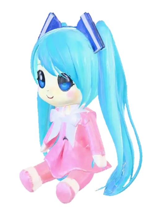 blue-white plushy doll Hatsune Miku, button-eyed, in a dress, sitting on a table - Hatsunemiku 3D model, vytvořený pomocí AI
