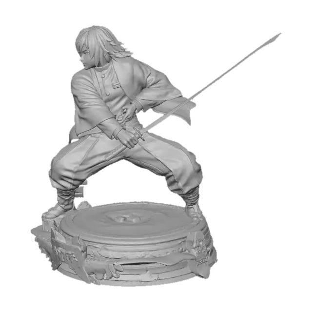 3D model for 一个细节丰富的富冈义勇3D模型,他穿着经典的半边红半边花纹羽织,羽织的布料细节和褶皱自然,展现出真实的物理效果。鬼杀队制服的深蓝色调与羽织形成鲜明对比,制服材质略显厚重。他的黑色头发柔顺,眼神深邃,日轮刀的刀镡为金属质感,刀身的水波纹理清晰可见,刀刃锋利,整体呈现出一种沉稳而强大的战斗姿态。
