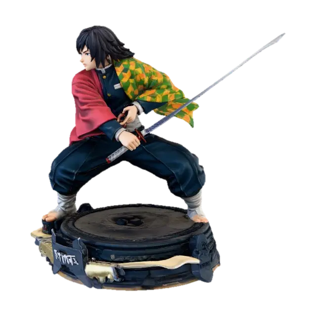 3D model for 一个细节丰富的富冈义勇3D模型,他穿着经典的半边红半边花纹羽织,羽织的布料细节和褶皱自然,展现出真实的物理效果。鬼杀队制服的深蓝色调与羽织形成鲜明对比,制服材质略显厚重。他的黑色头发柔顺,眼神深邃,日轮刀的刀镡为金属质感,刀身的水波纹理清晰可见,刀刃锋利,整体呈现出一种沉稳而强大的战斗姿态。