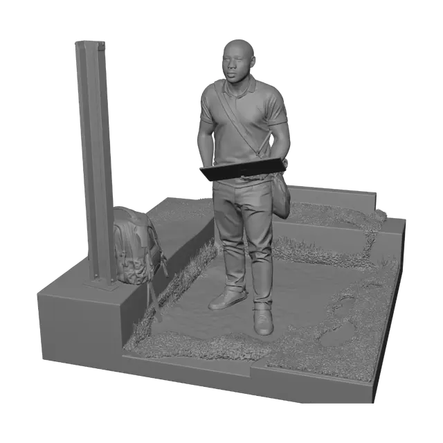 3D model for Student with Laptop Under a Red Wooden Staircase