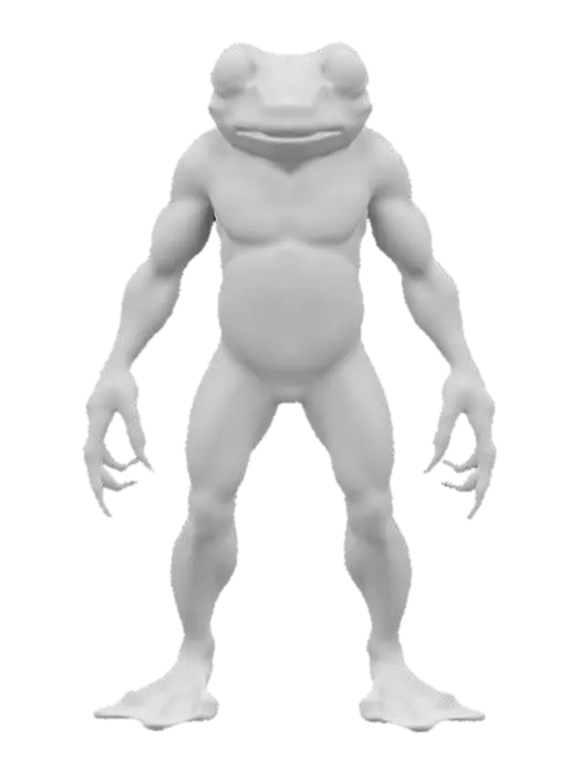 3D model for Scary humanoid frog like creature with hearth outside the body,, Stylized, Game Assets, Fantasy, Highly Detailed, Polished, A-pose, Full Body, Symmetrical Body